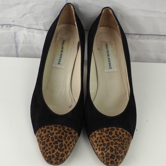 Saks Fifth Avenue sz 9 black leopard suede pumps - Picture 4 of 16